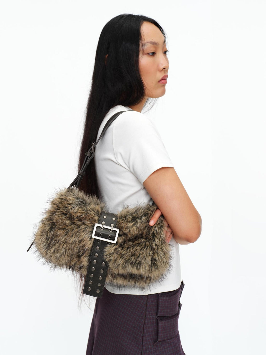 Faux Fur Belt Accent Vintage Pillow Single Strap Underarm Daily Youth Bag