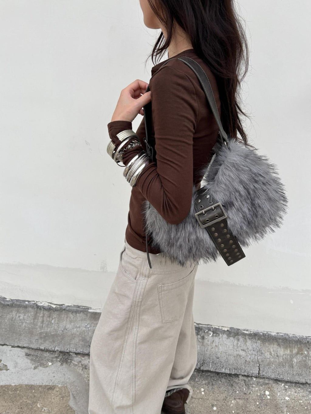 Faux Fur Belt Accent Vintage Pillow Single Strap Underarm Daily Youth Bag