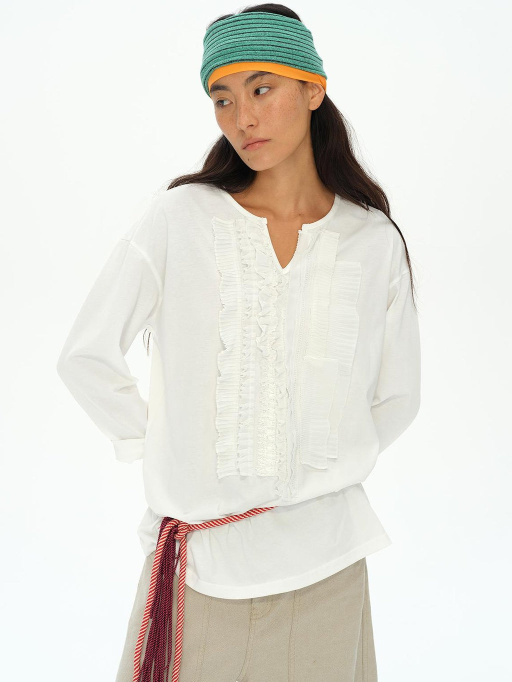 Frayed Lotus Lace Poet Tee French Pleat Long Sleeves