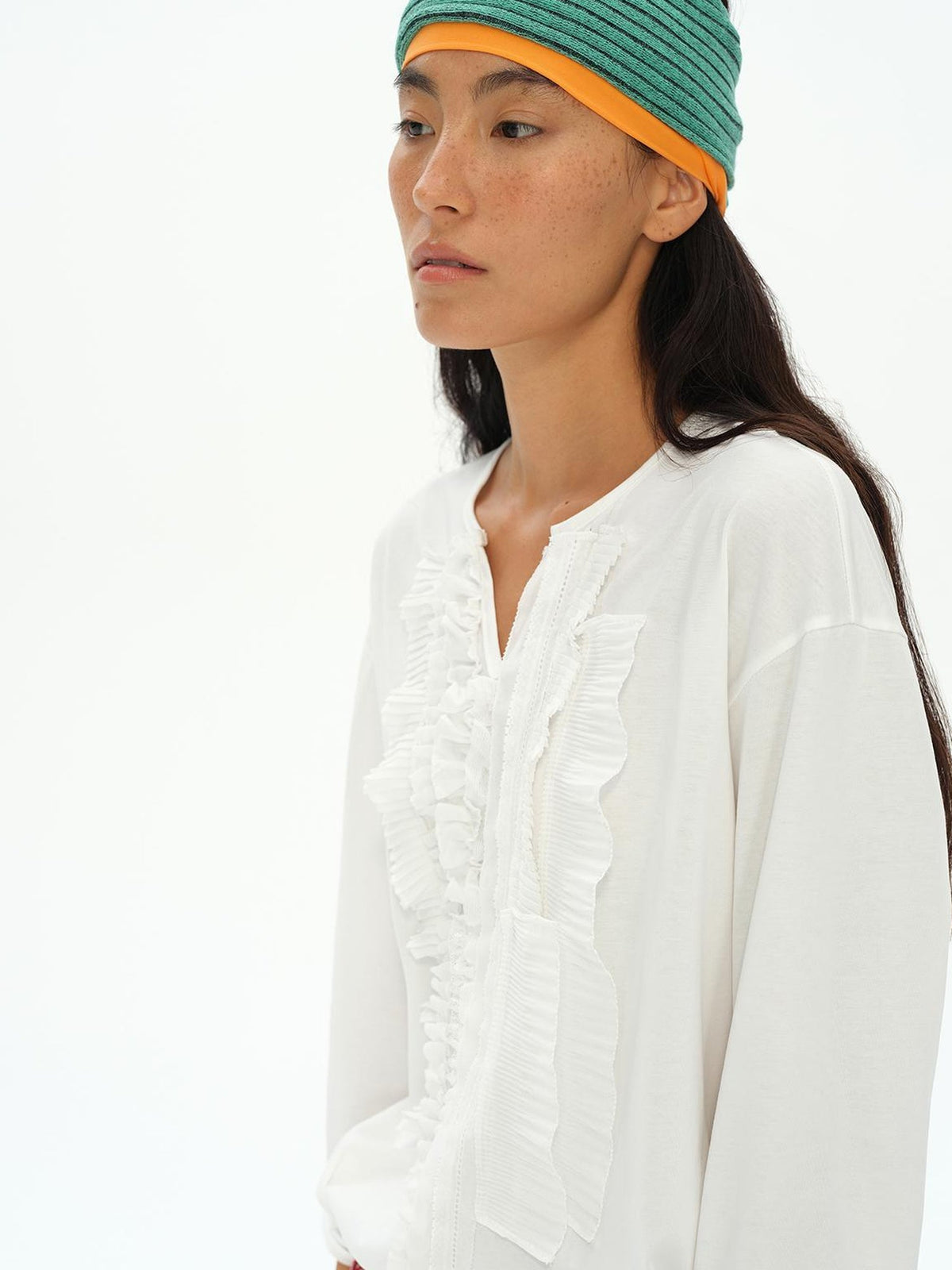Frayed Lotus Lace Poet Tee French Pleat Long Sleeves