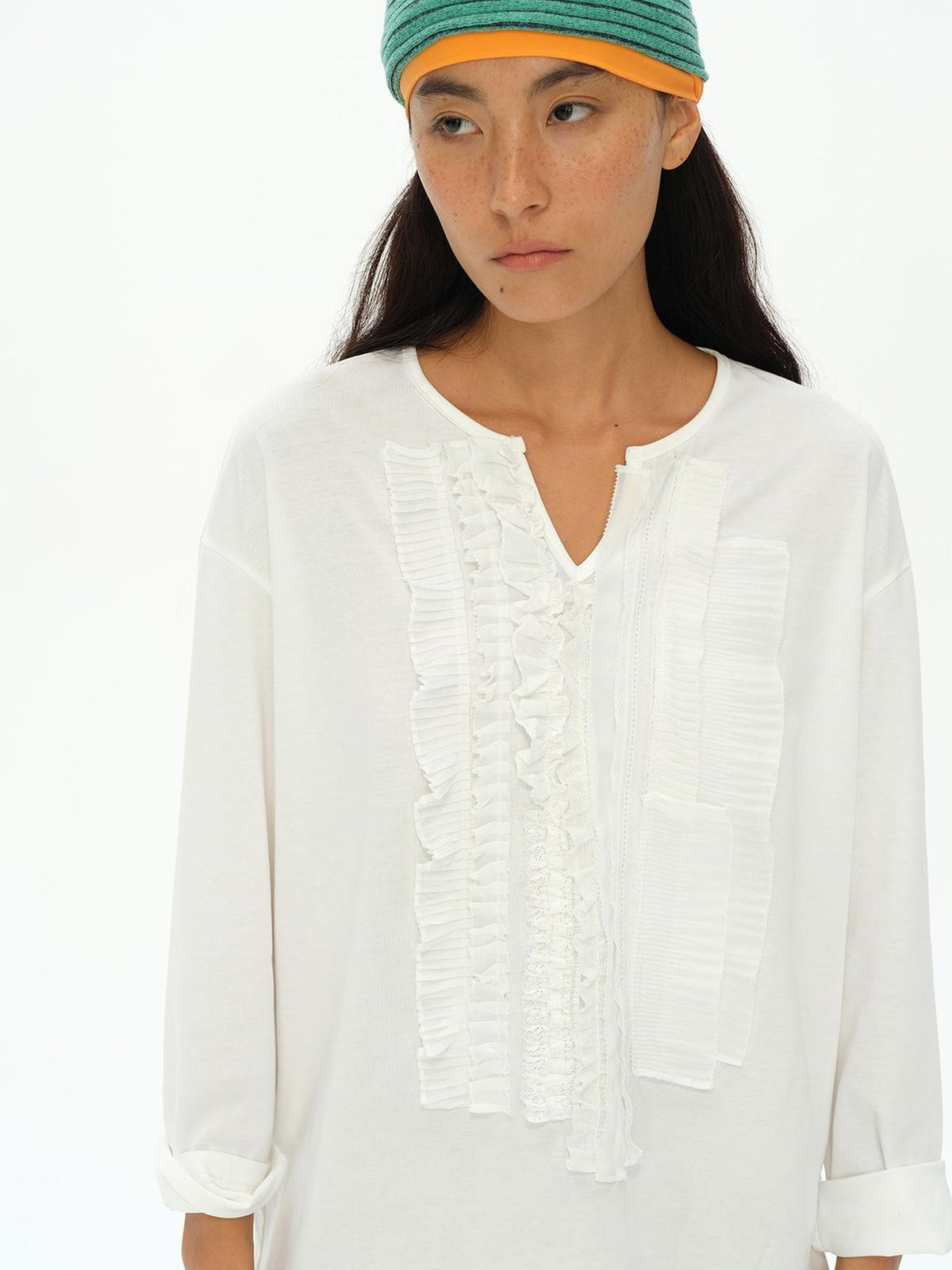 Frayed Lotus Lace Poet Tee French Pleat Long Sleeves
