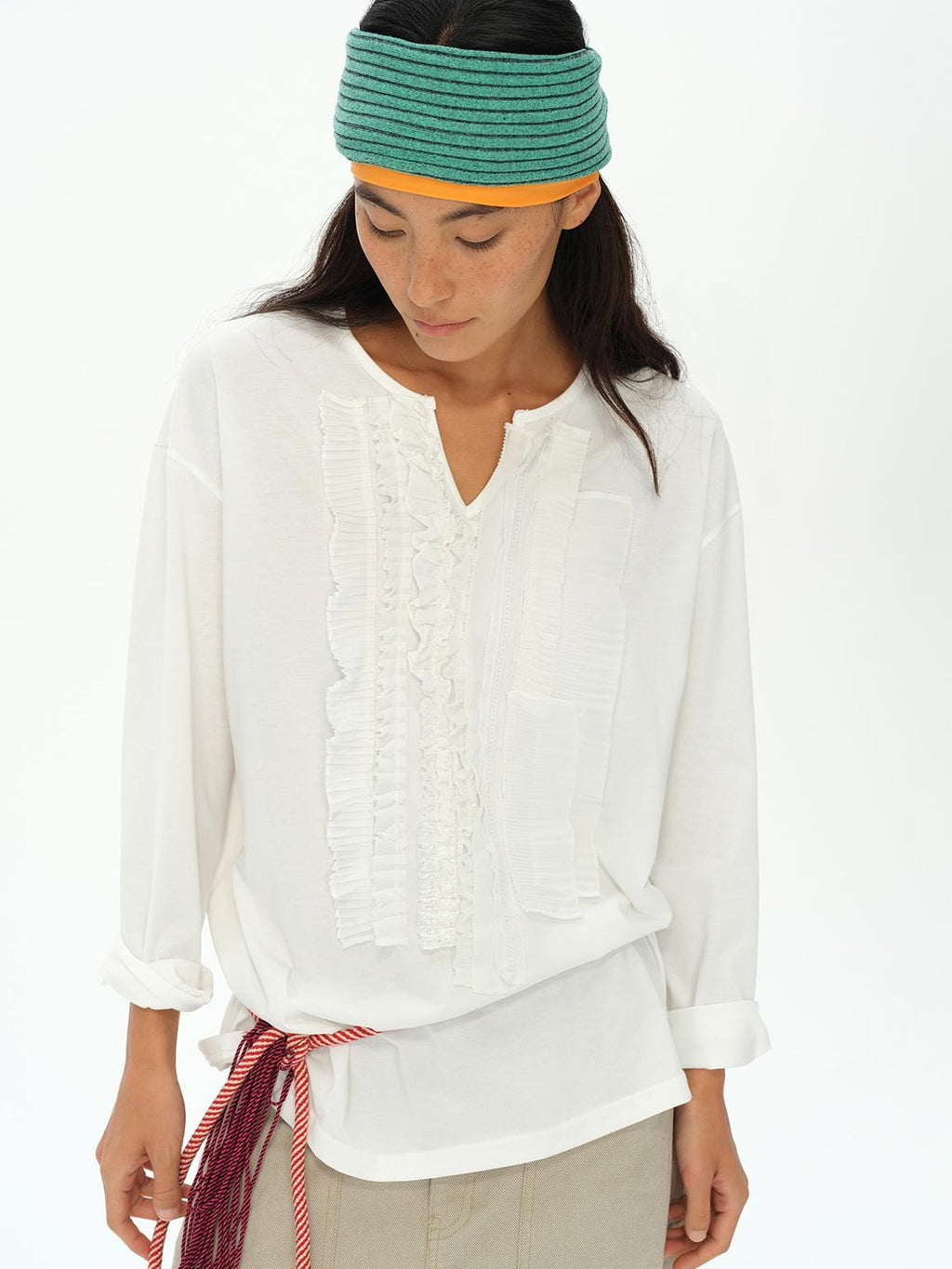 Frayed Lotus Lace Poet Tee French Pleat Long Sleeves