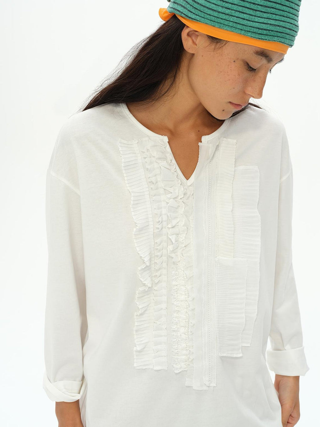 Frayed Lotus Lace Poet Tee French Pleat Long Sleeves