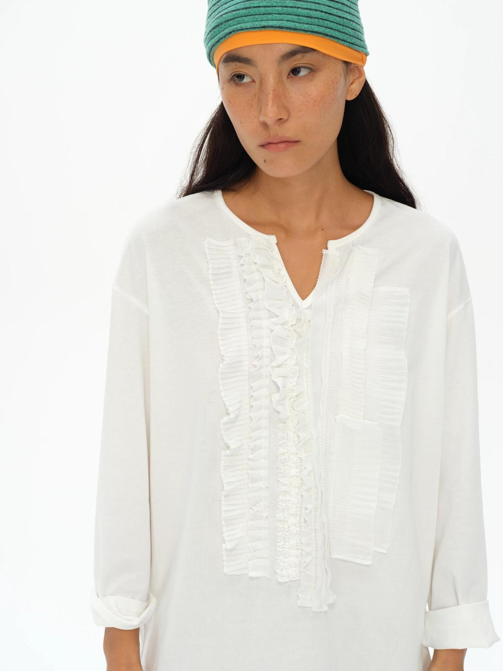 Frayed Lotus Lace Poet Tee French Pleat Long Sleeves