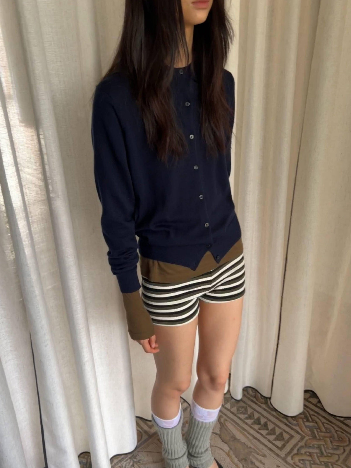 High Waist Slim Fit Office Commuter Striped Rayon Cotton Women Tea Green Shorts