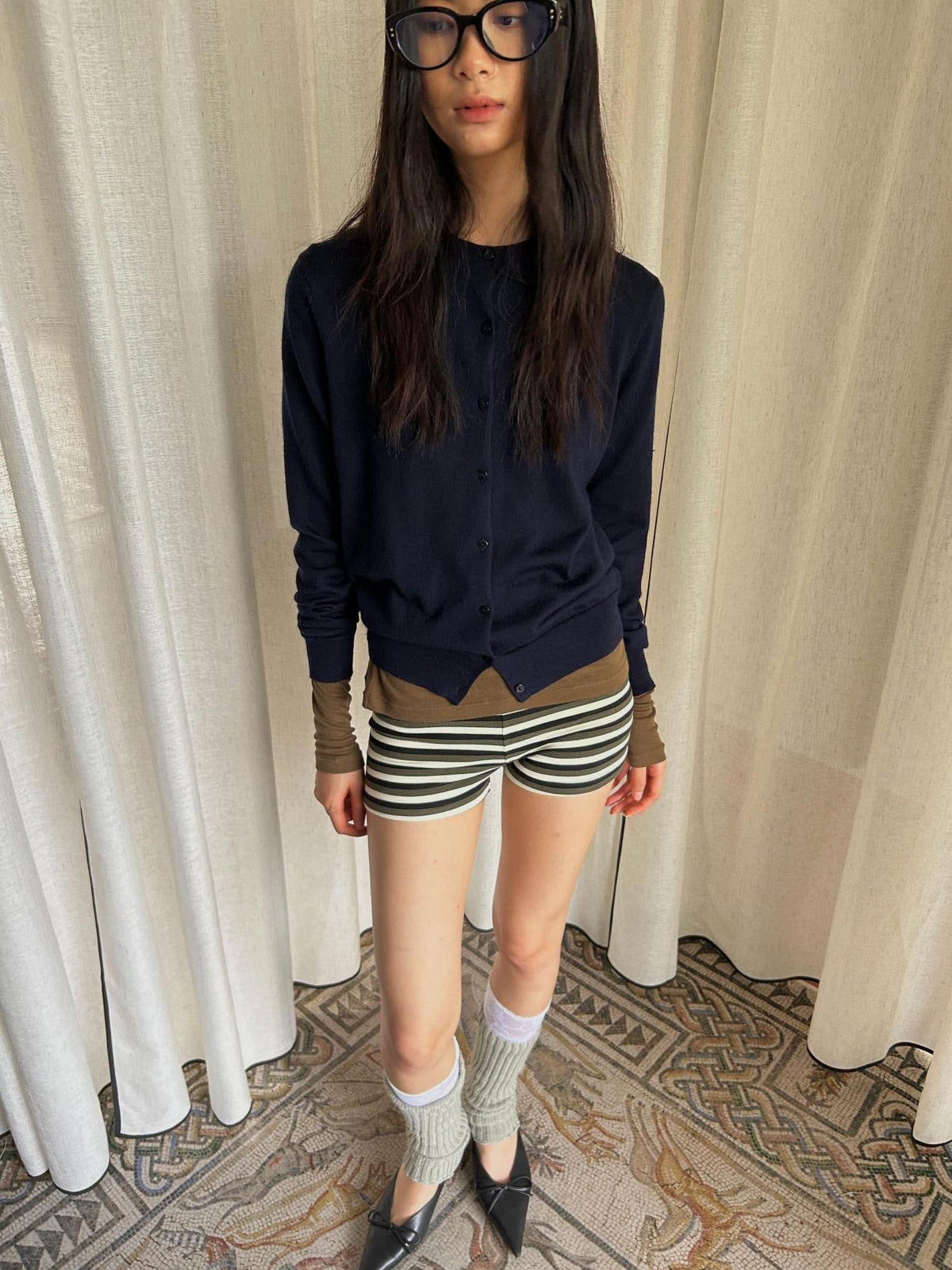 High Waist Slim Fit Office Commuter Striped Rayon Cotton Women Tea Green Shorts