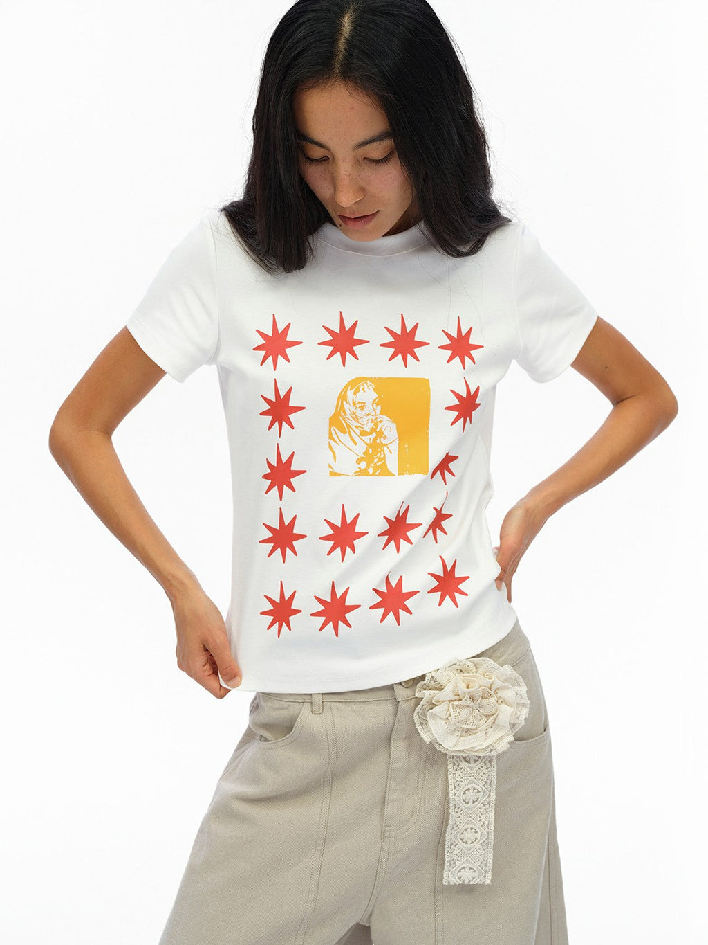 London Street Dotted Star Print Women's Cotton Spandex Slim T-shirts