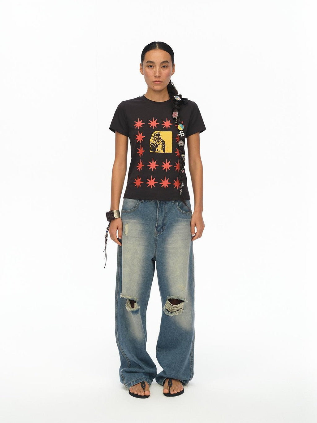 London Street Dotted Star Print Women's Cotton Spandex Slim T-shirts
