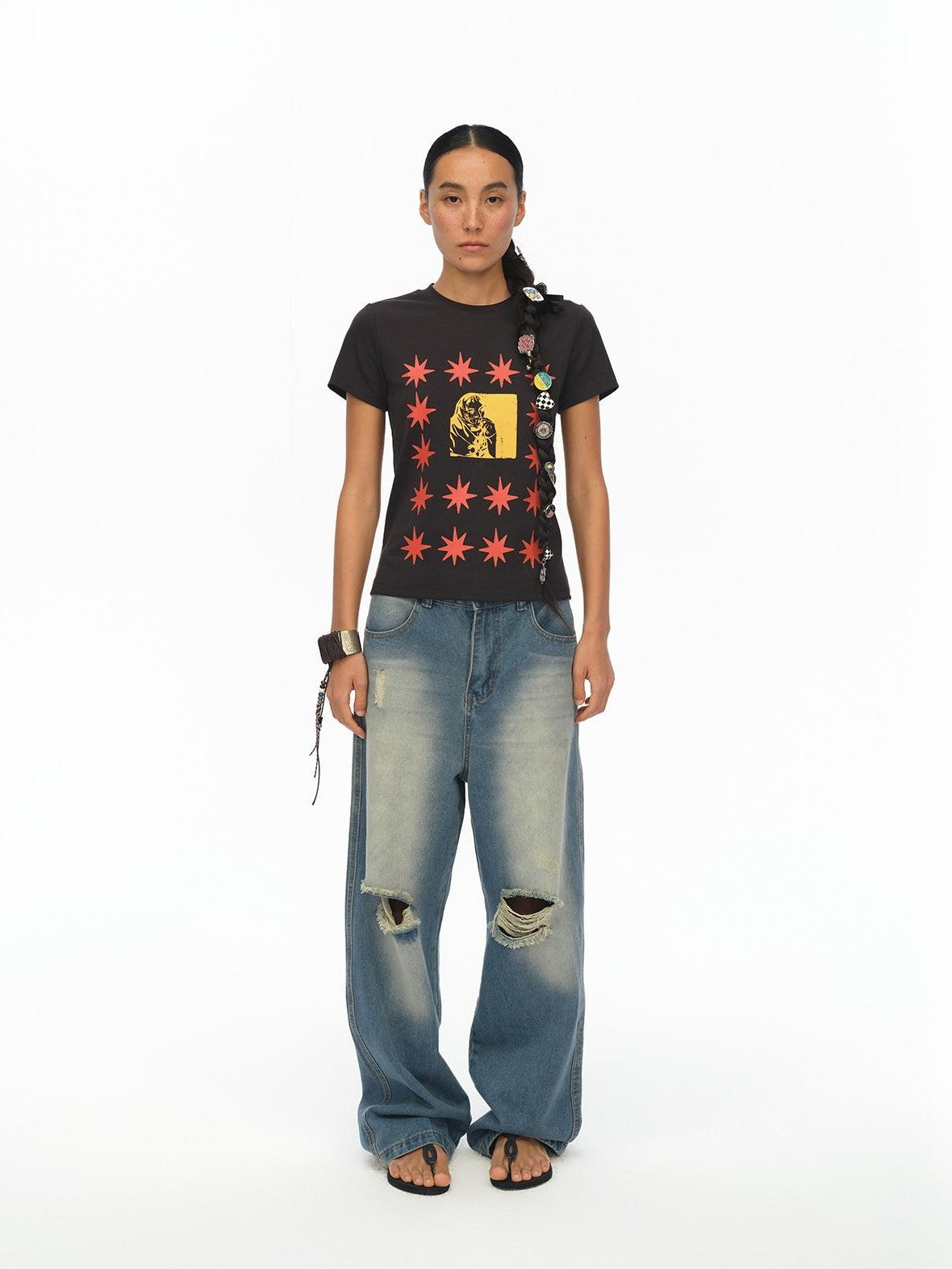 London Street Dotted Star Print Women's Cotton Spandex Slim T-shirts
