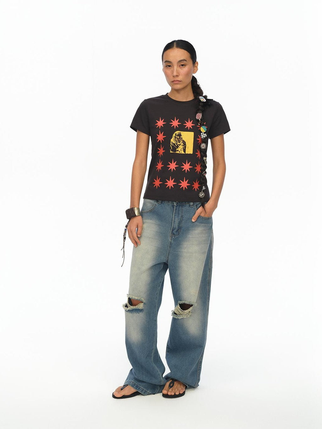 London Street Dotted Star Print Women's Cotton Spandex Slim T-shirts