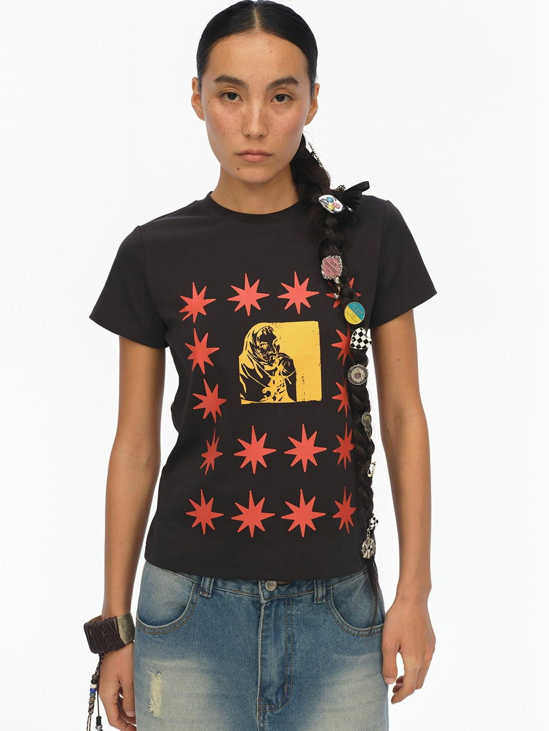 London Street Dotted Star Print Women's Cotton Spandex Slim T-shirts