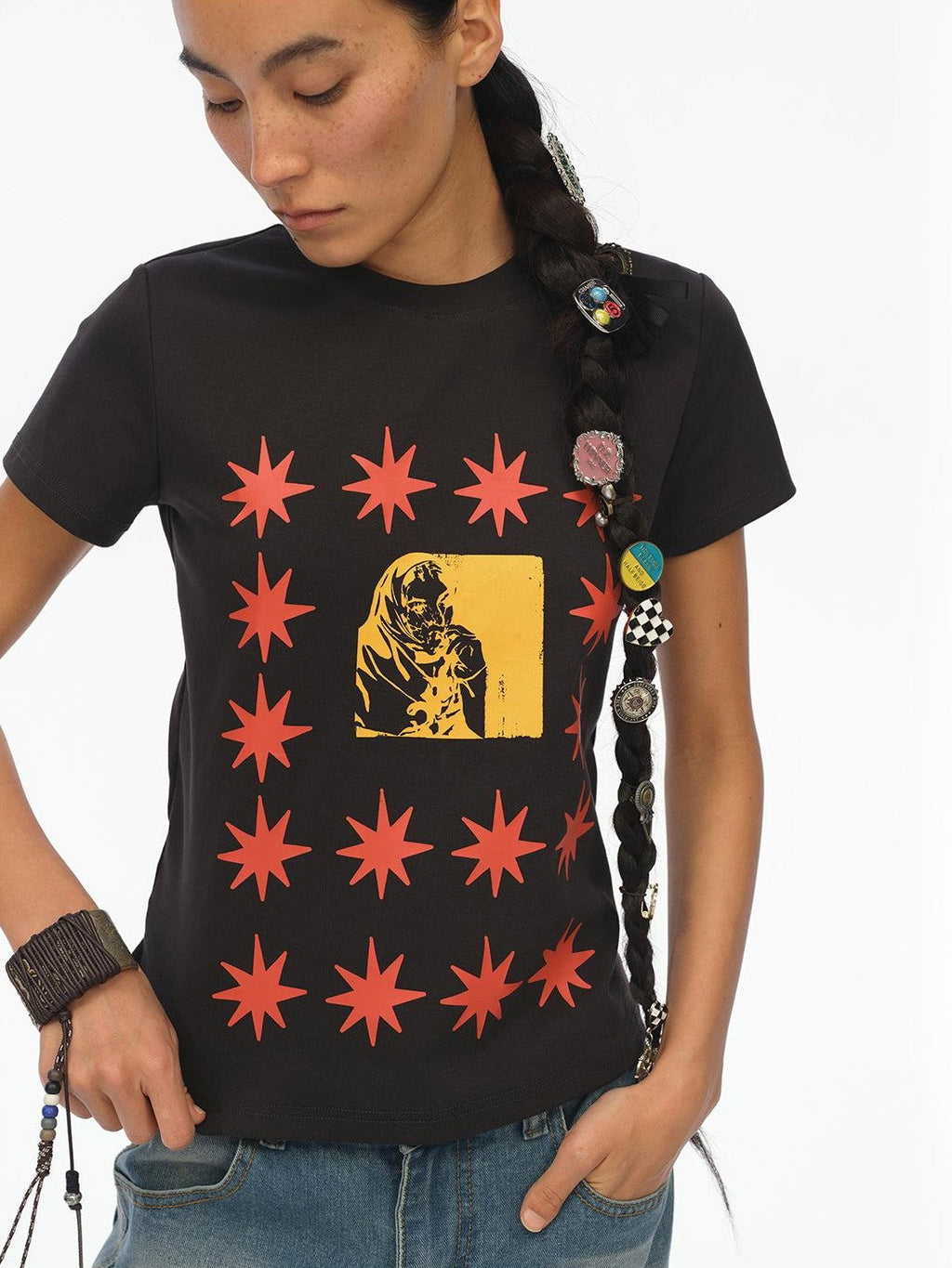 London Street Dotted Star Print Women's Cotton Spandex Slim T-shirts