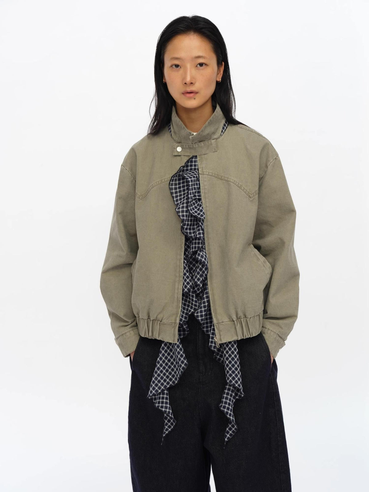 Lotus Ruffle Detachable Tassel Harrington Women's Organic Cotton Casual Jackets