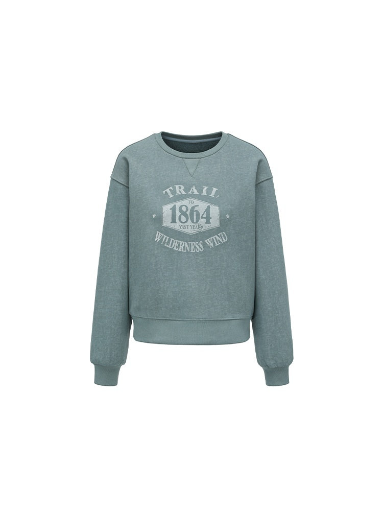 Mist Blue Washed Print Retro Women's Polyester Cotton Crewneck Sweatshirts