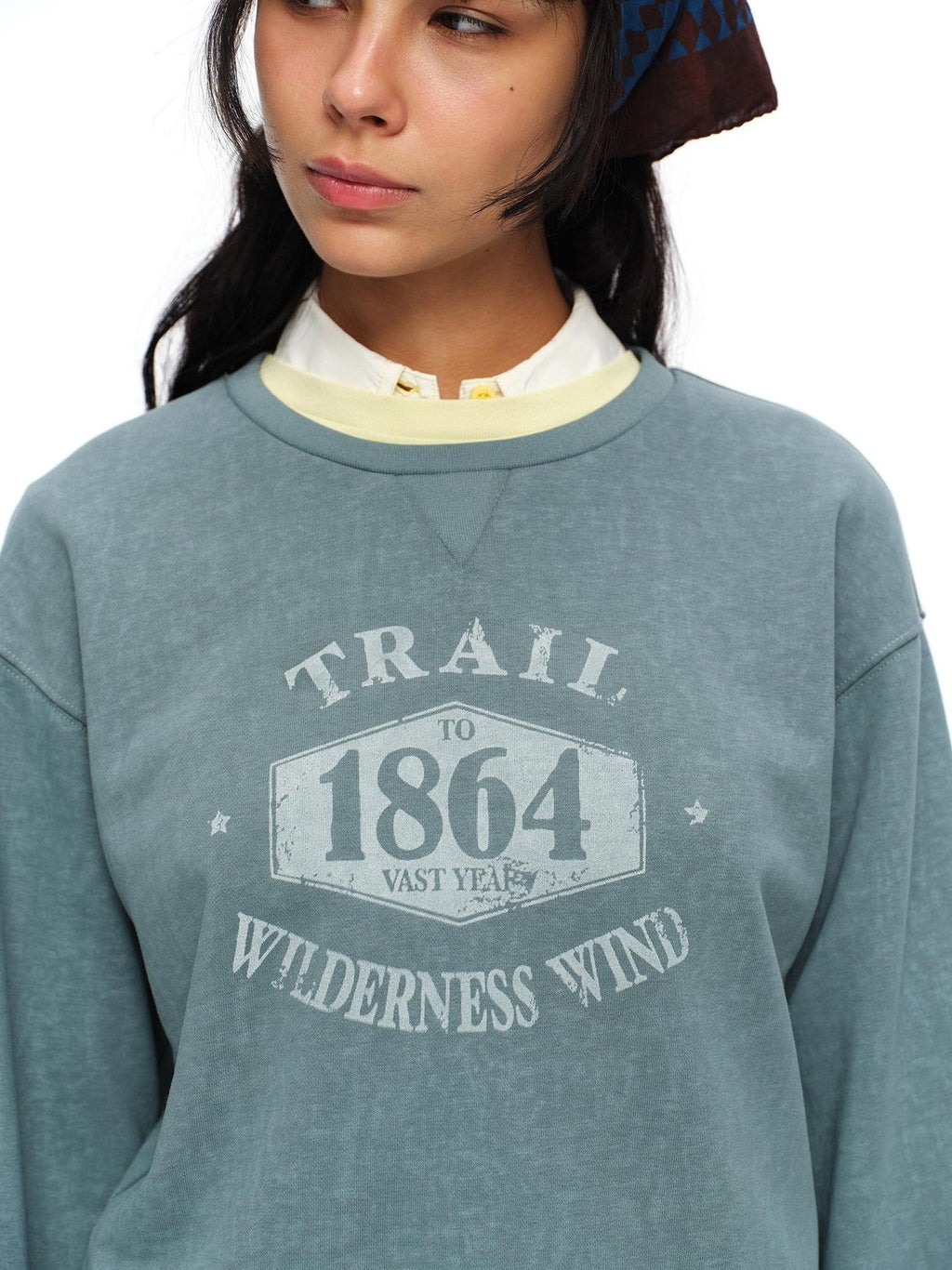 Mist Blue Washed Print Retro Women's Polyester Cotton Crewneck Sweatshirts