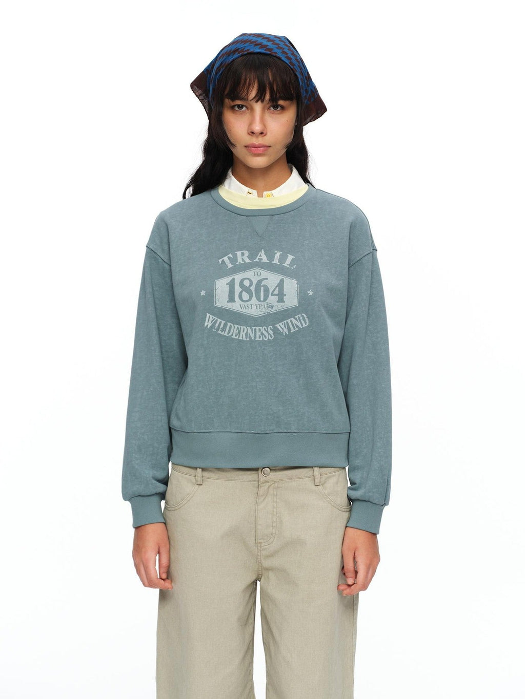 Mist Blue Washed Print Retro Women's Polyester Cotton Crewneck Sweatshirts