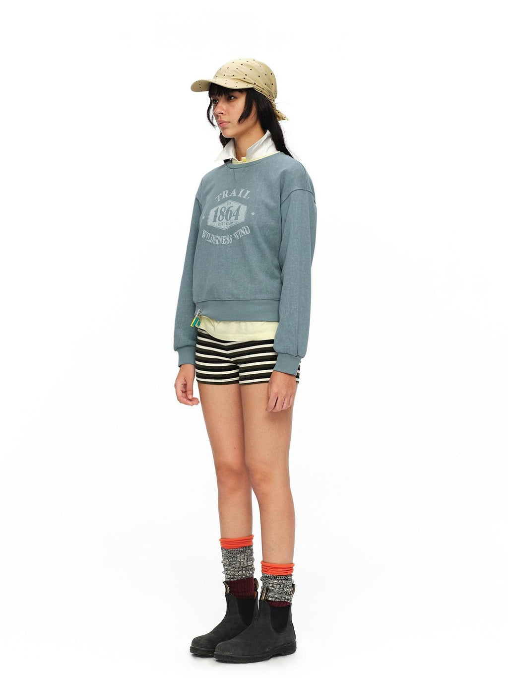 Mist Blue Washed Print Retro Women's Polyester Cotton Crewneck Sweatshirts