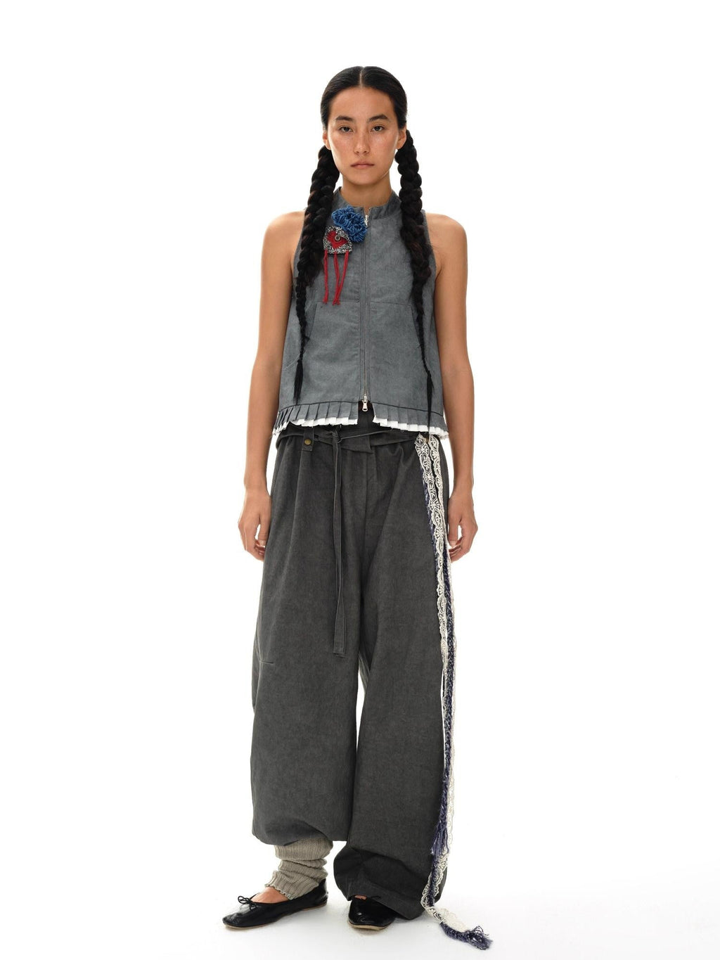 Mouse Gray Pleated Ruffle Frayed Mud Dye High Neck Women'S Cotton Blend Vests
