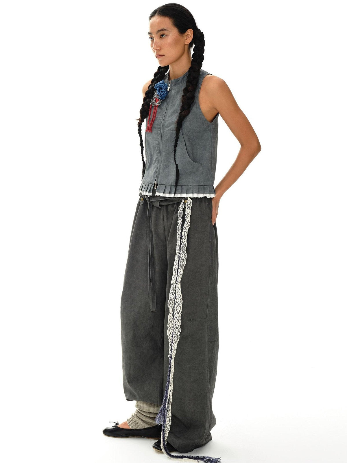 Mouse Gray Pleated Ruffle Frayed Mud Dye High Neck Women'S Cotton Blend Vests