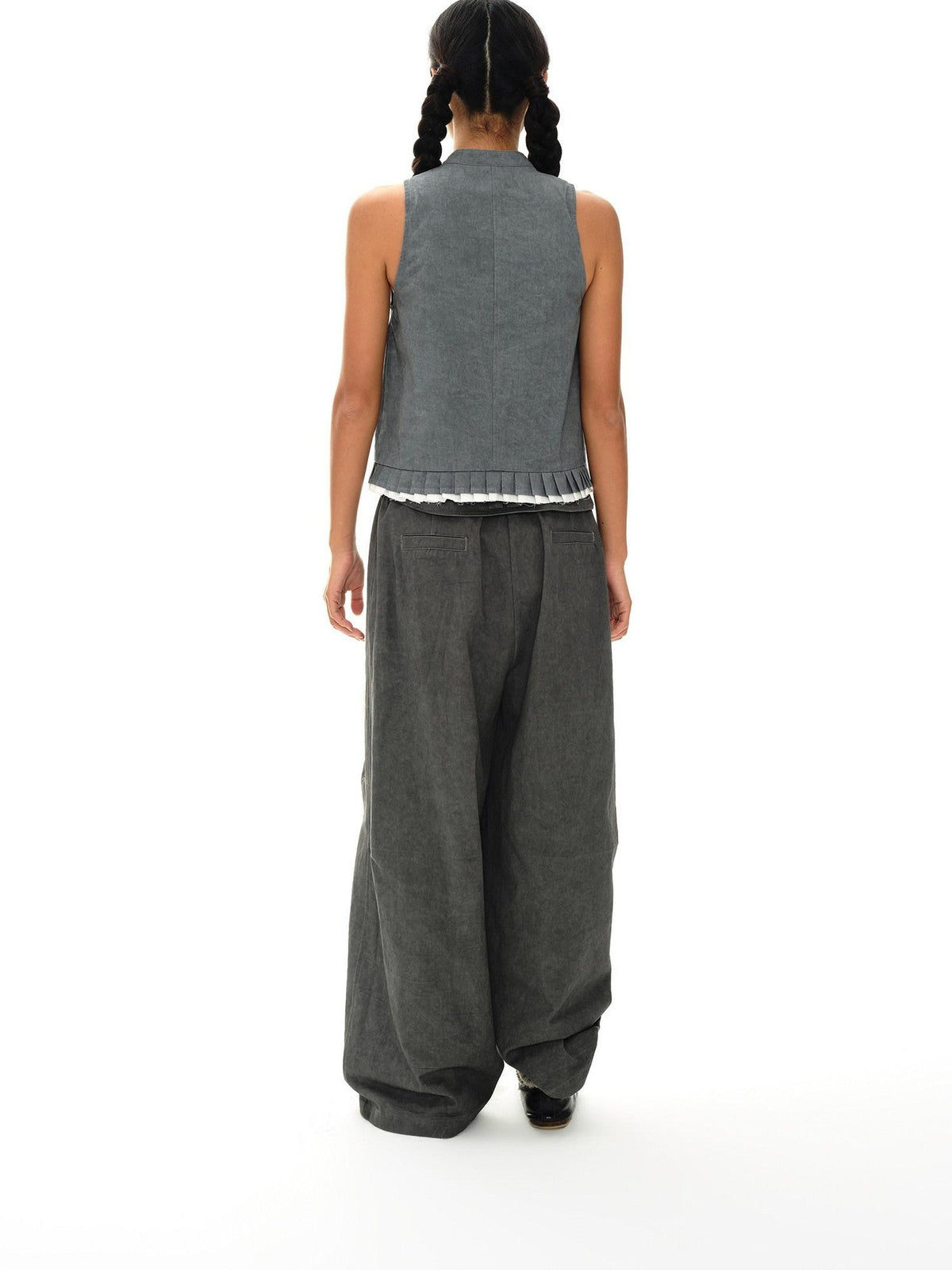 Mouse Gray Pleated Ruffle Frayed Mud Dye High Neck Women'S Cotton Blend Vests
