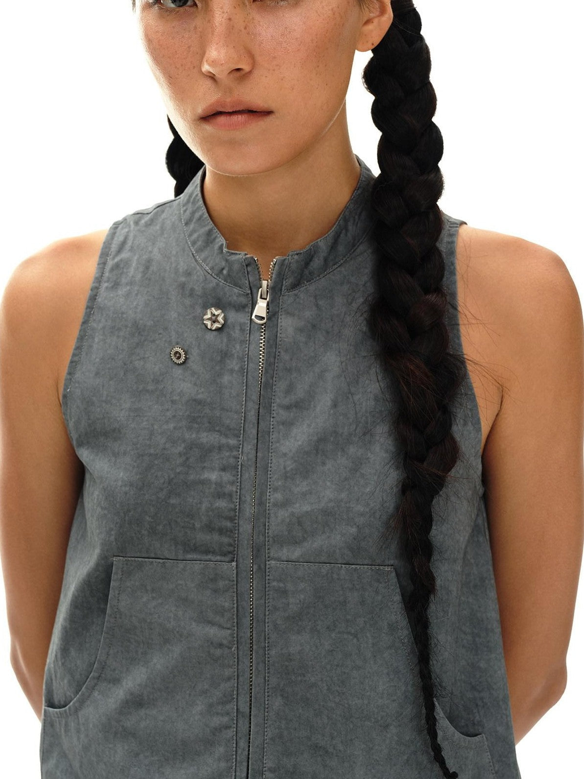 Mouse Gray Pleated Ruffle Frayed Mud Dye High Neck Women'S Cotton Blend Vests