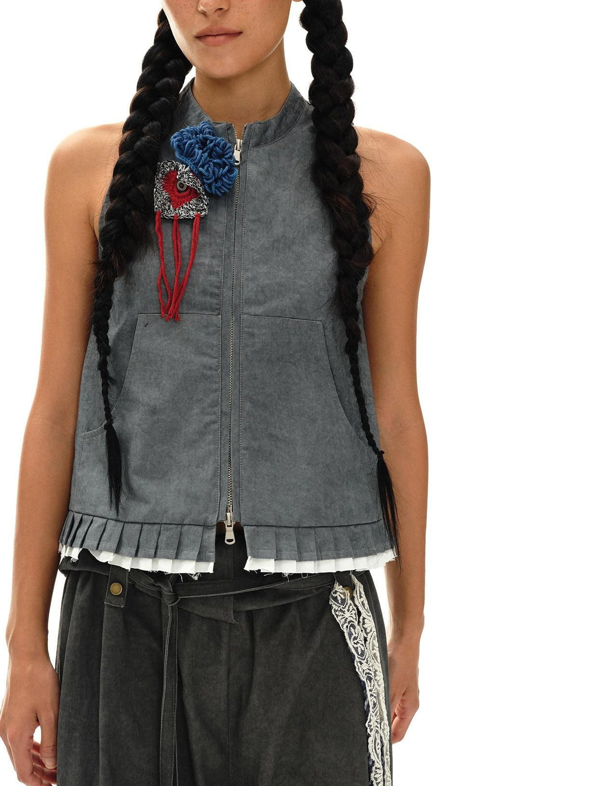 Mouse Gray Pleated Ruffle Frayed Mud Dye High Neck Women'S Cotton Blend Vests