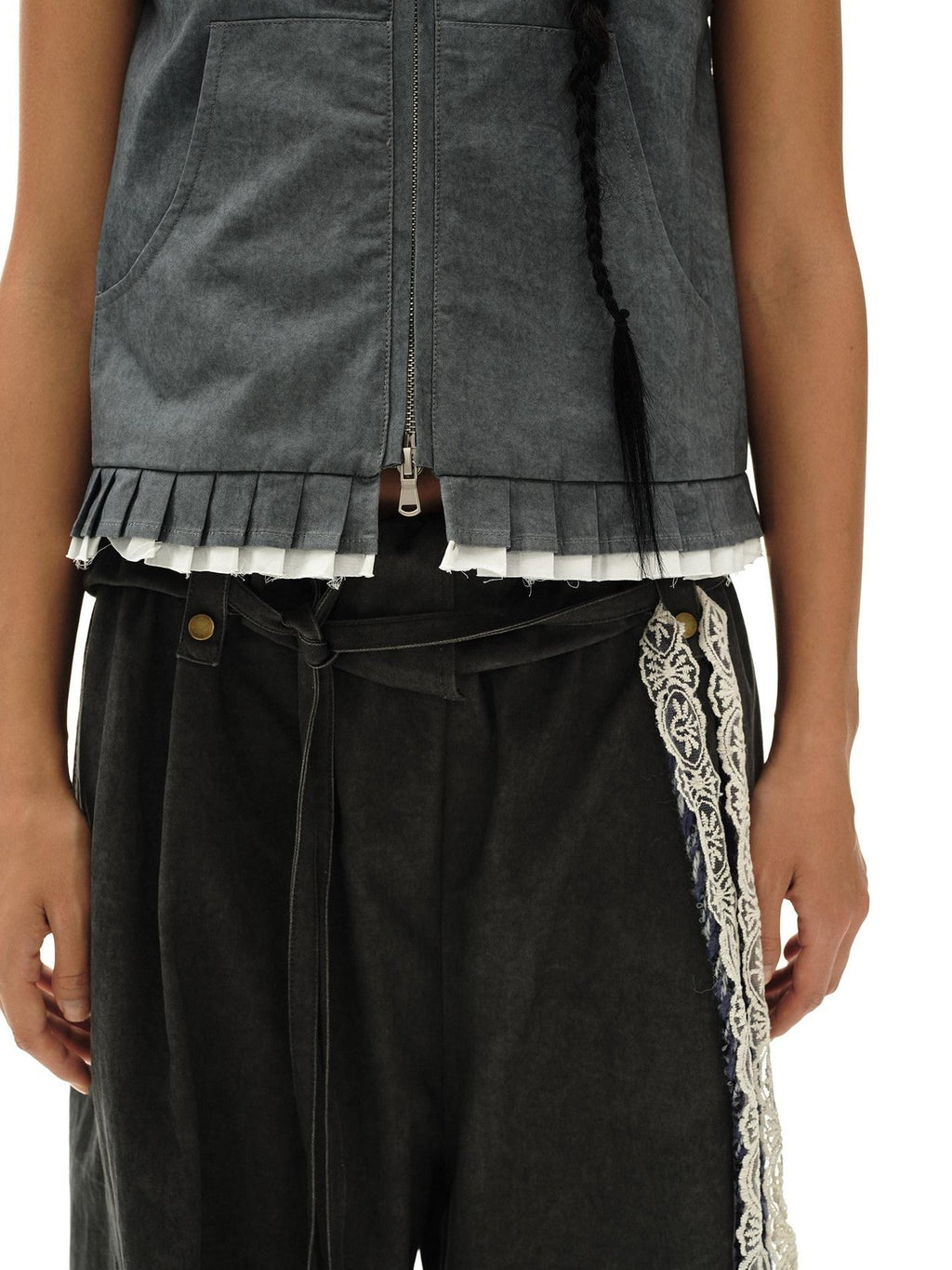 Mouse Gray Pleated Ruffle Frayed Mud Dye High Neck Women'S Cotton Blend Vests