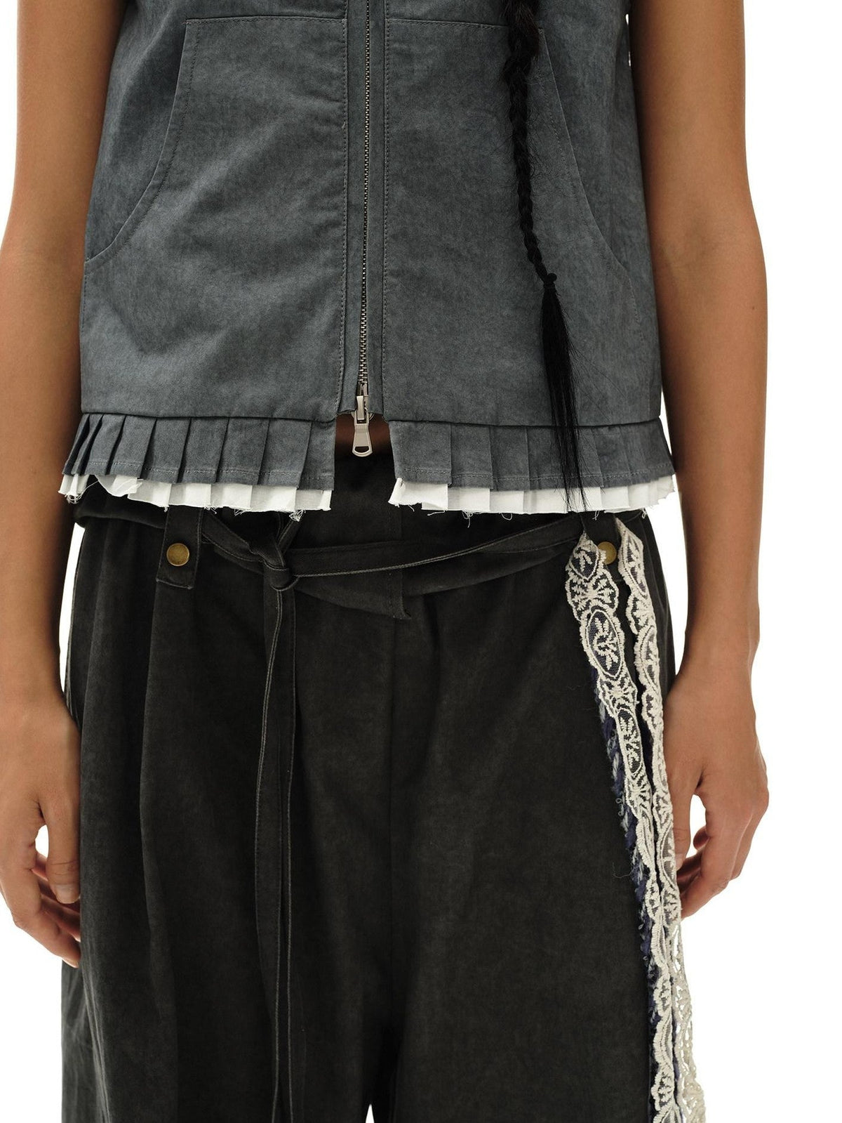 Mouse Gray Pleated Ruffle Frayed Mud Dye High Neck Women'S Cotton Blend Vests