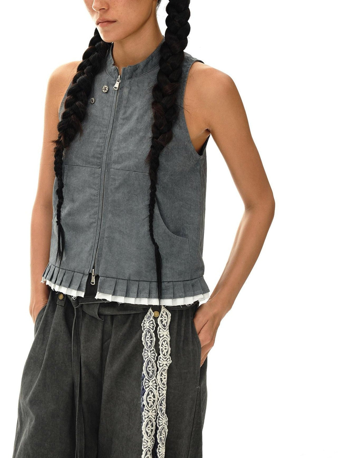 Mouse Gray Pleated Ruffle Frayed Mud Dye High Neck Women'S Cotton Blend Vests