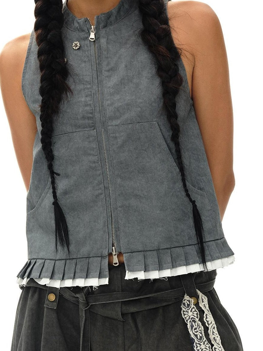 Mouse Gray Pleated Ruffle Frayed Mud Dye High Neck Women'S Cotton Blend Vests