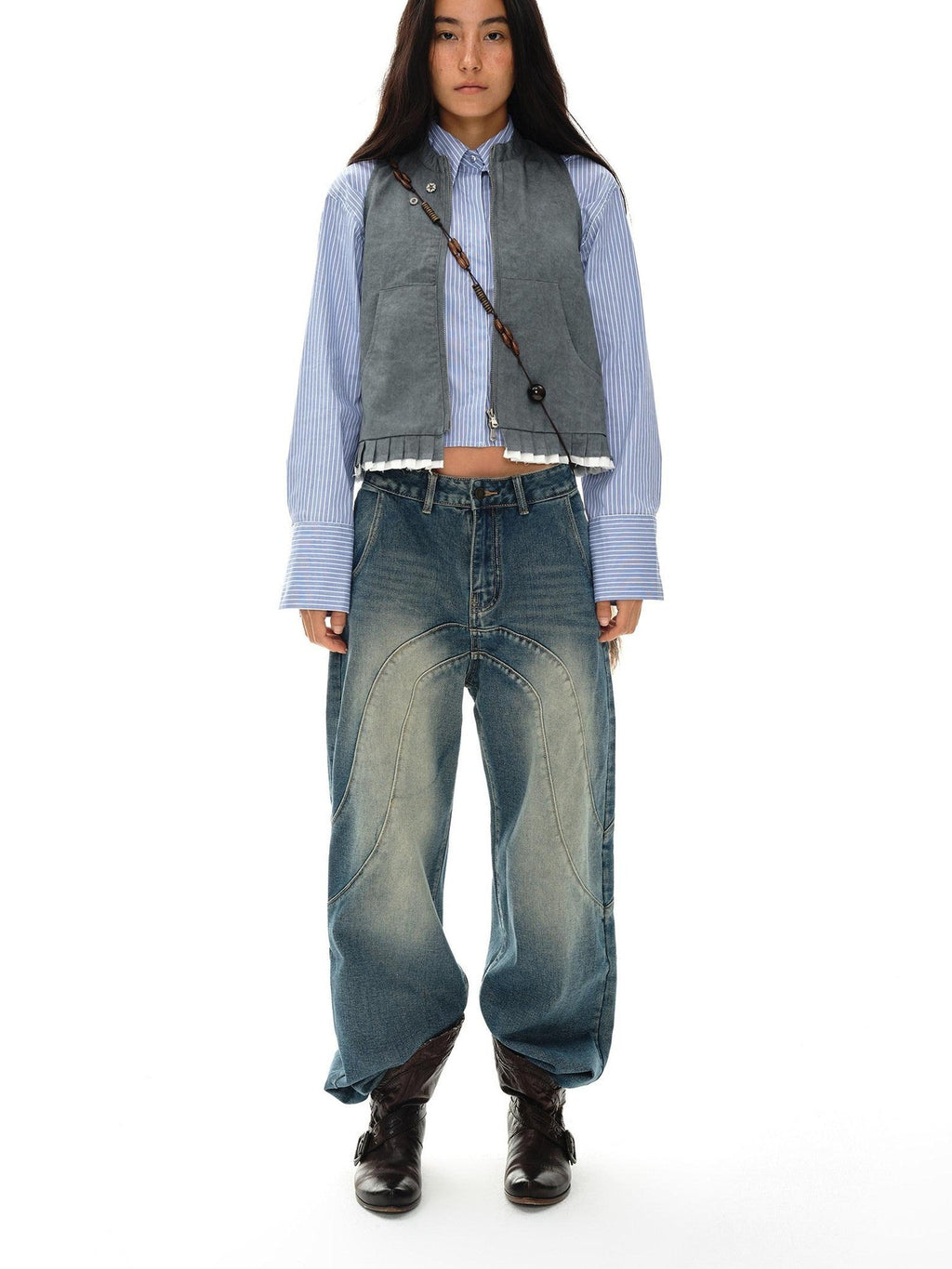 Mouse Gray Pleated Ruffle Frayed Mud Dye High Neck Women'S Cotton Blend Vests