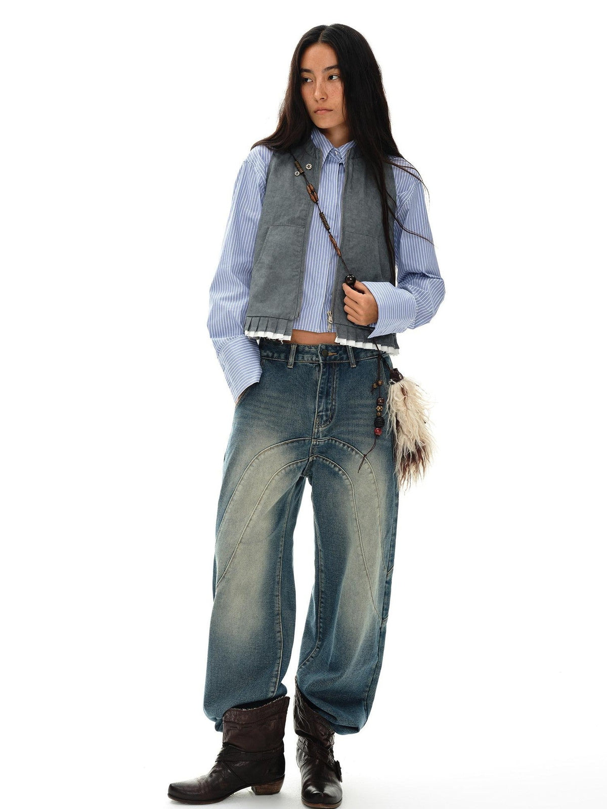 Mouse Gray Pleated Ruffle Frayed Mud Dye High Neck Women'S Cotton Blend Vests