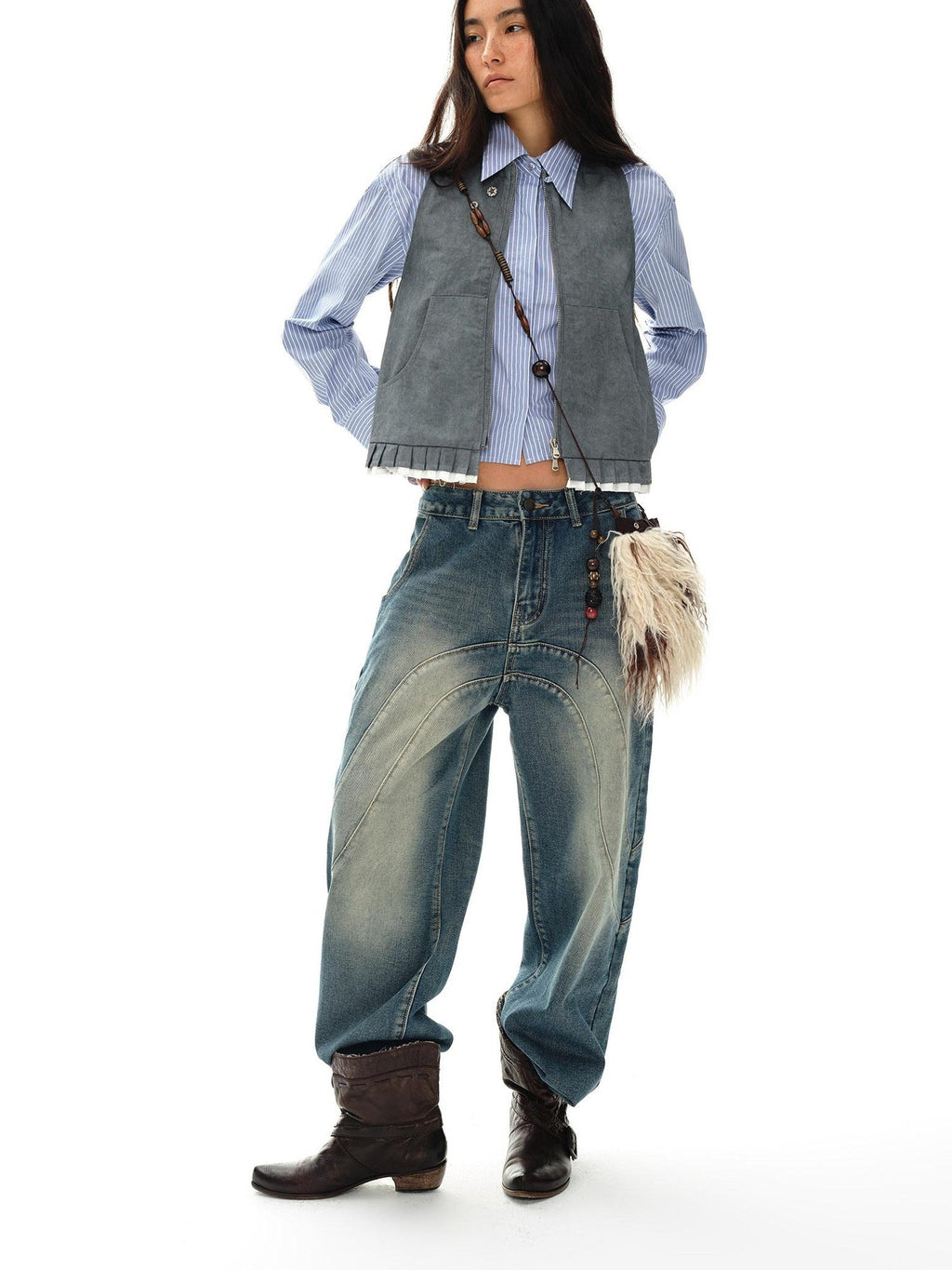 Mouse Gray Pleated Ruffle Frayed Mud Dye High Neck Women'S Cotton Blend Vests