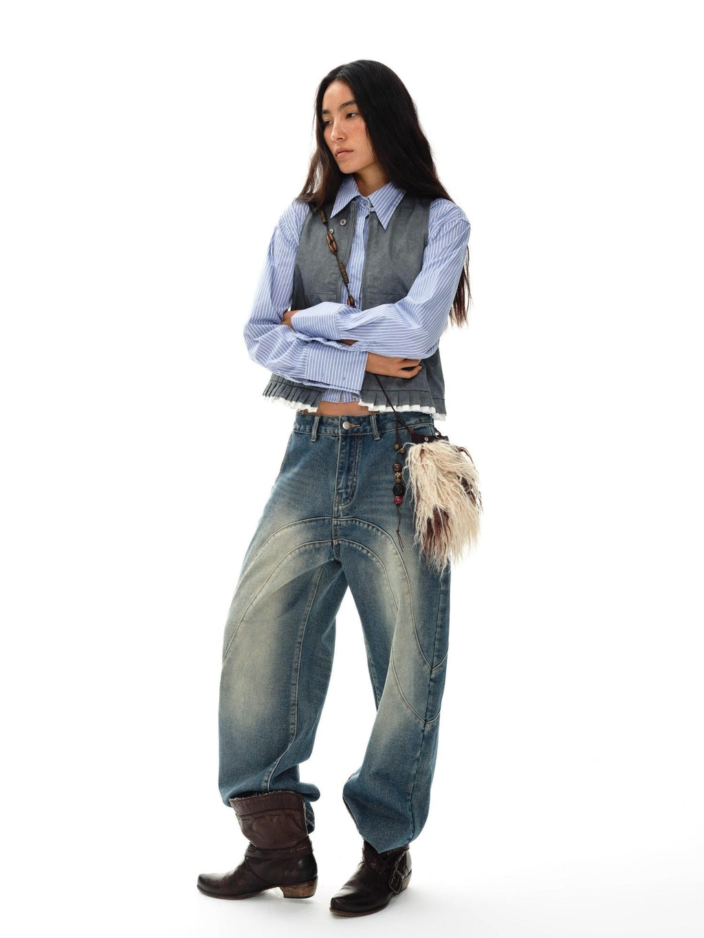 Mouse Gray Pleated Ruffle Frayed Mud Dye High Neck Women'S Cotton Blend Vests