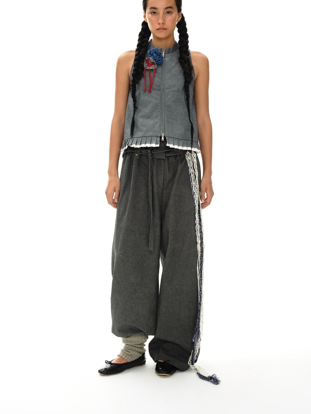 Mouse Gray Pleated Ruffle Frayed Mud Dye High Neck Women'S Cotton Blend Vests