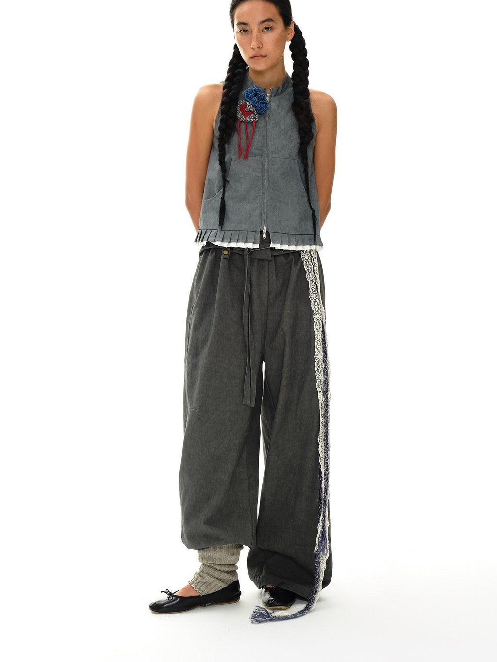 Mouse Gray Pleated Ruffle Frayed Mud Dye High Neck Women'S Cotton Blend Vests