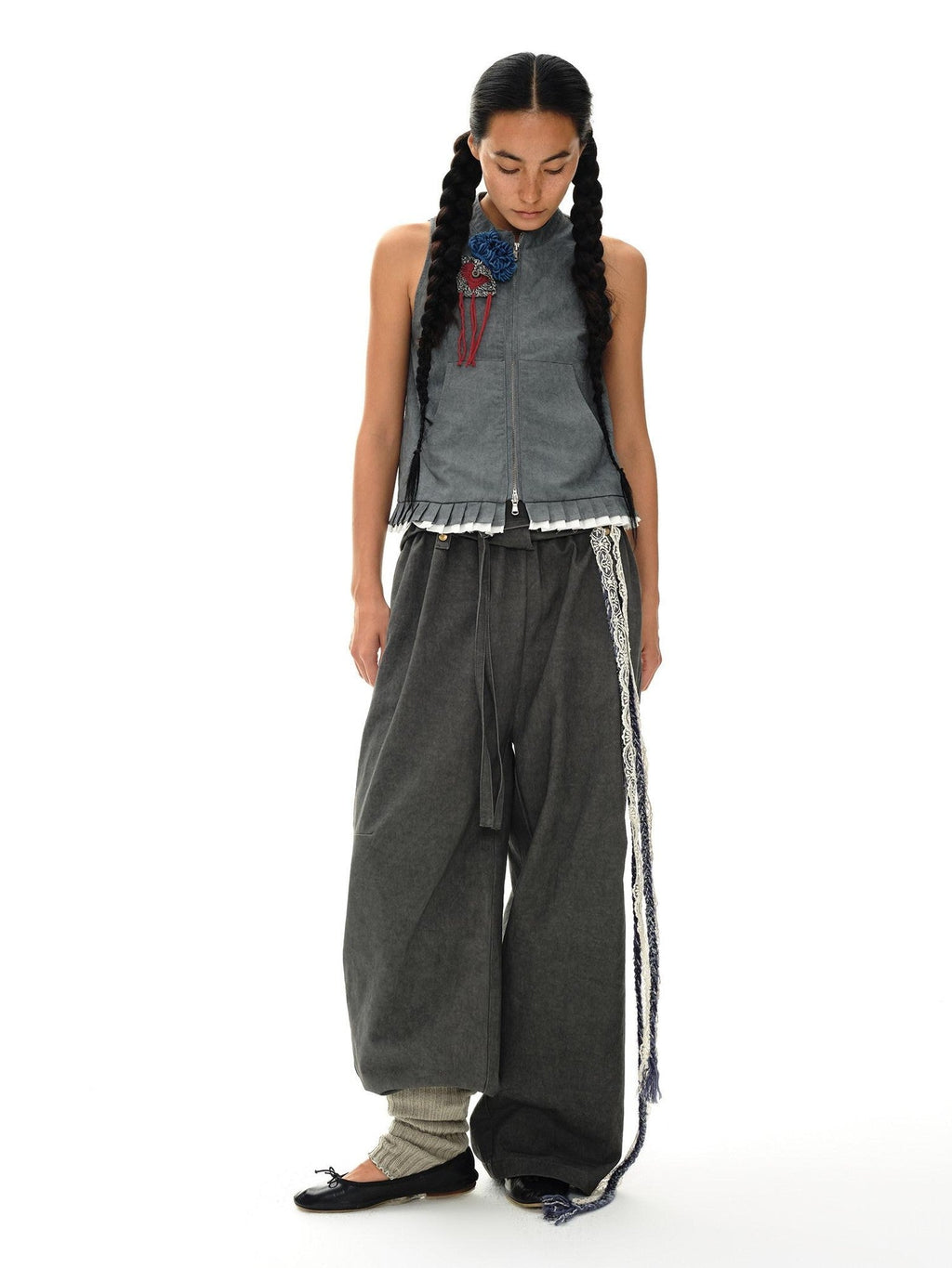 Mouse Gray Pleated Ruffle Frayed Mud Dye High Neck Women'S Cotton Blend Vests