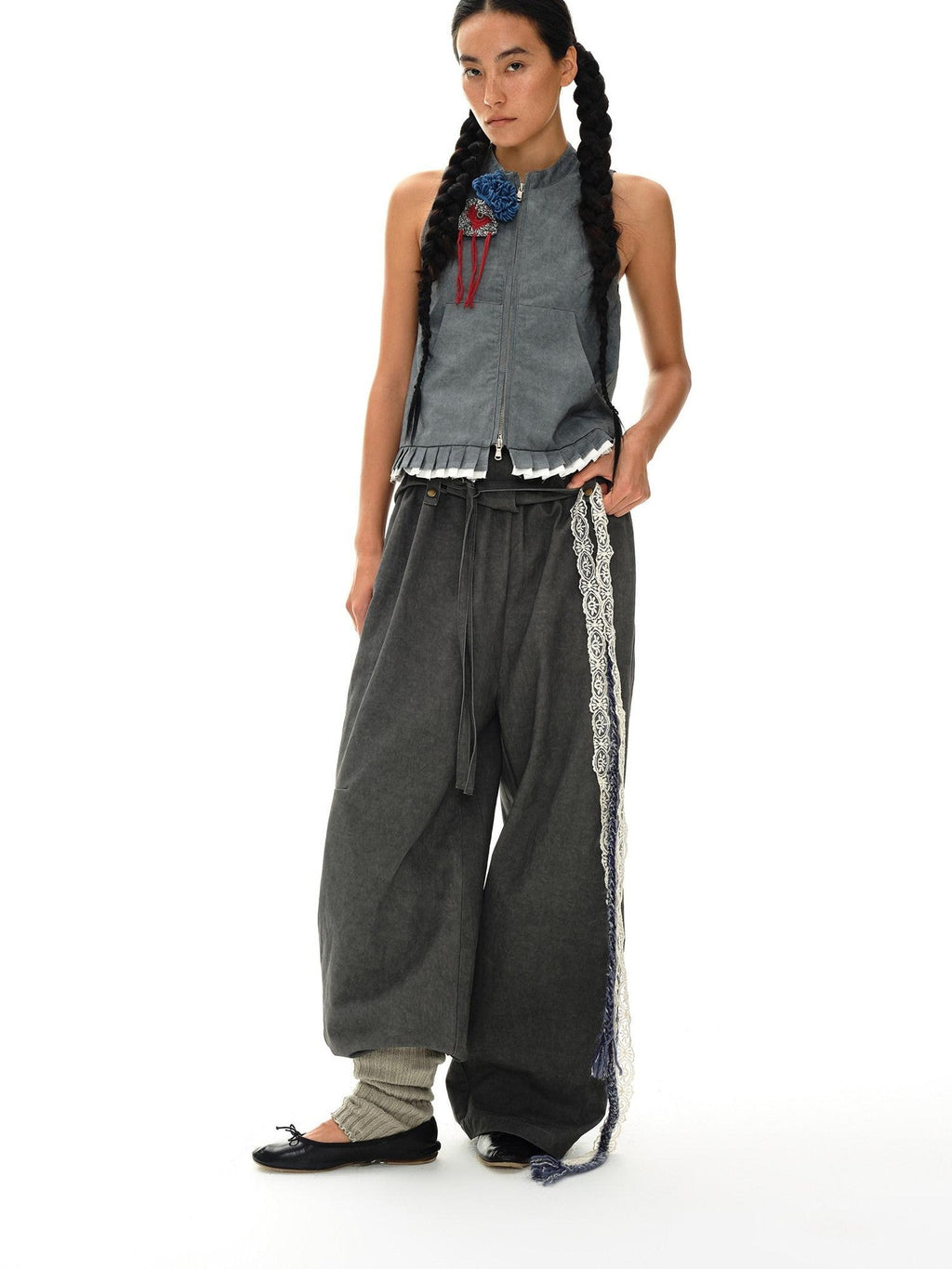 Mouse Gray Pleated Ruffle Frayed Mud Dye High Neck Women'S Cotton Blend Vests