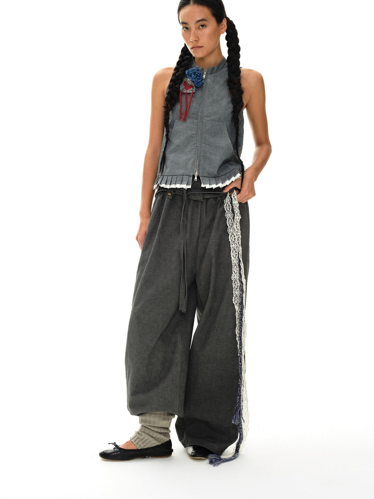 Mouse Gray Pleated Ruffle Frayed Mud Dye High Neck Women'S Cotton Blend Vests