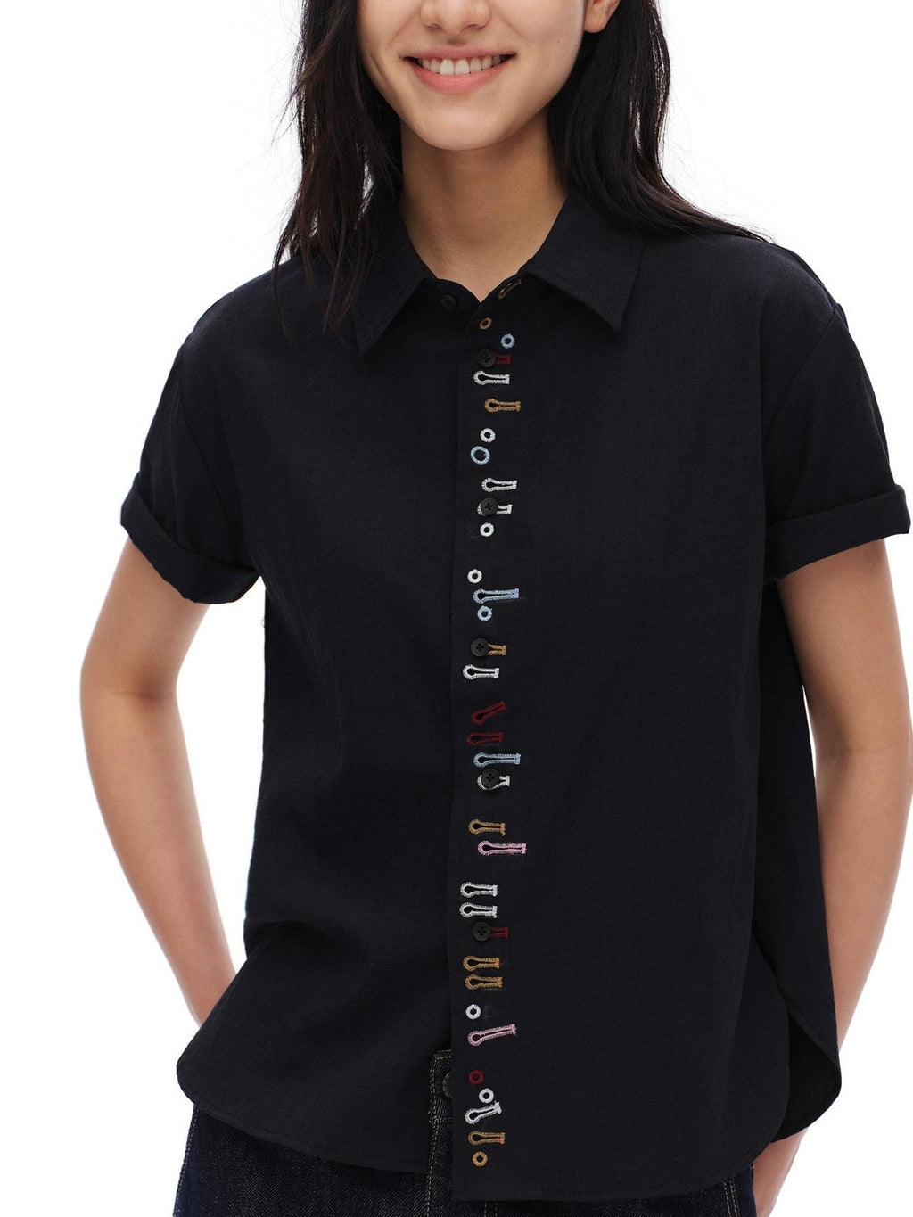 Navy Embroidered Buttonhole Collared Women'S Cotton Blend Short Sleeve T-Shirts