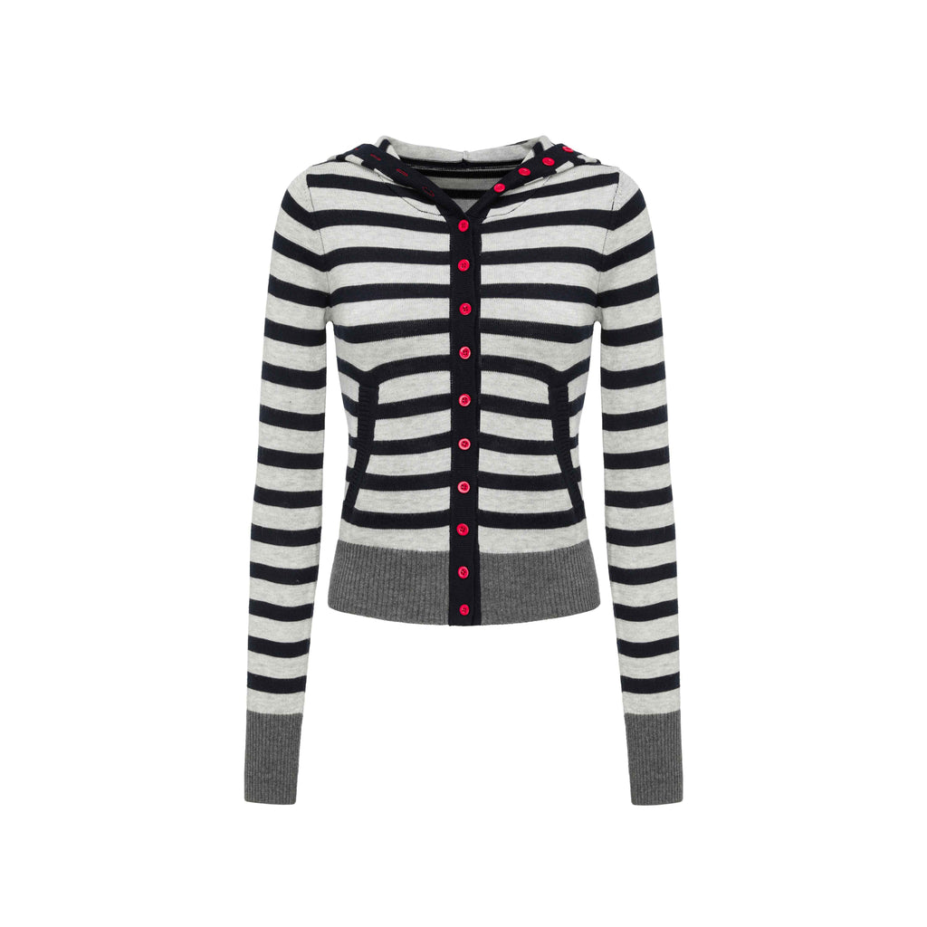 Navy Stripe Hooded Colorblock Retro Knit Women'S Cotton Button-Up Cardigans