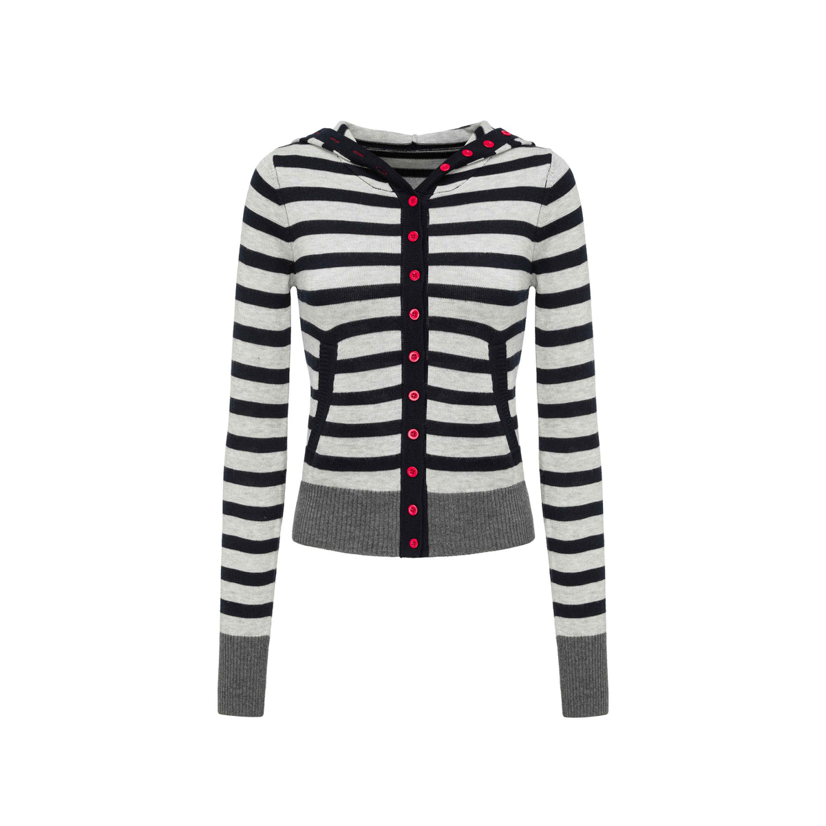 Navy Stripe Hooded Colorblock Retro Knit Women'S Cotton Button-Up Cardigans