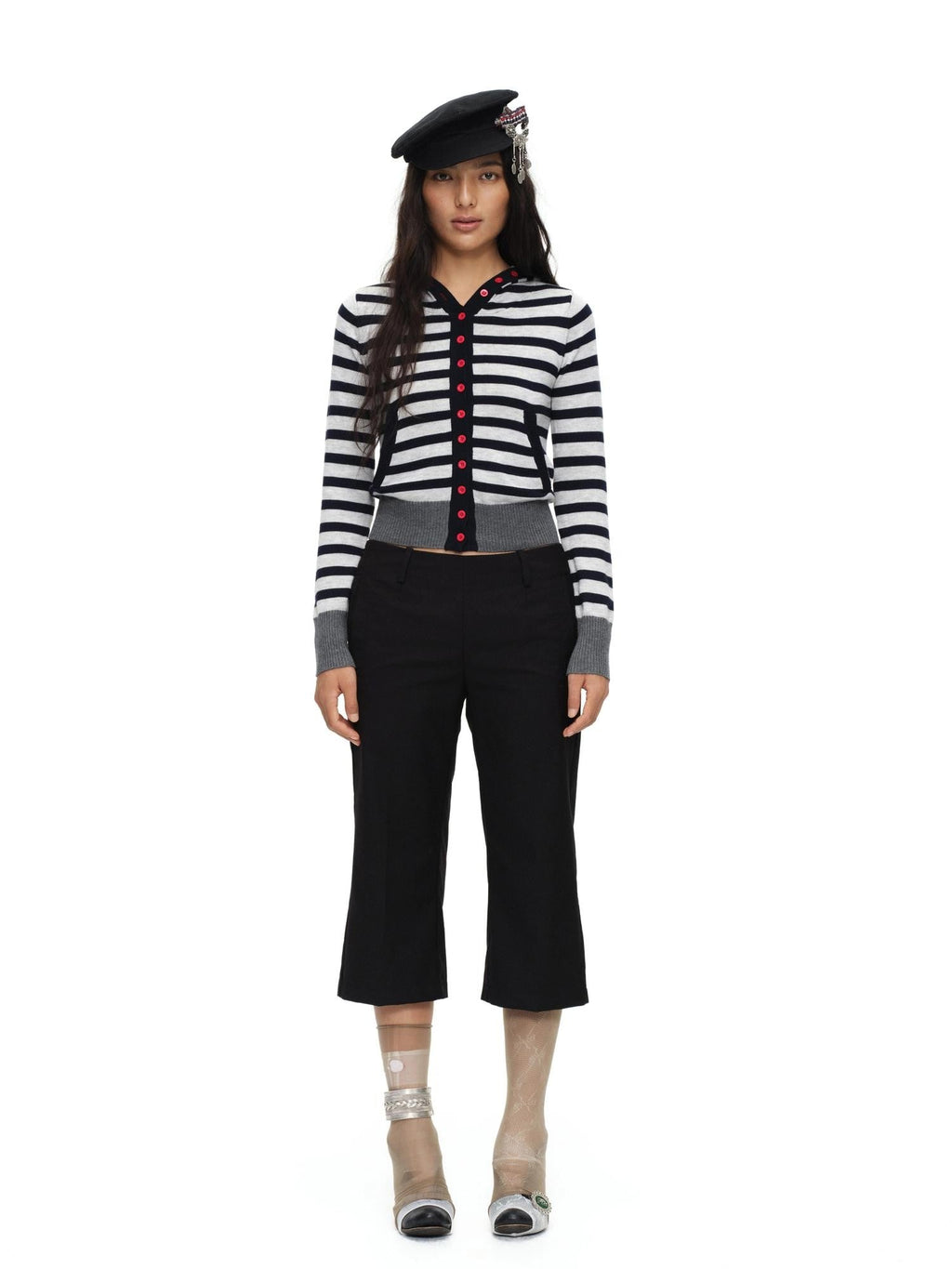 Navy Stripe Hooded Colorblock Retro Knit Women'S Cotton Button-Up Cardigans
