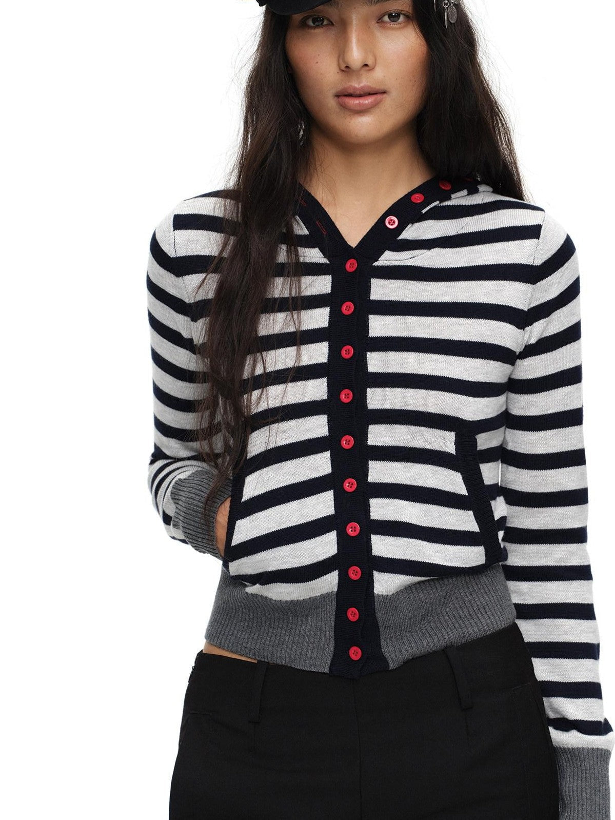 Navy Stripe Hooded Colorblock Retro Knit Women'S Cotton Button-Up Cardigans