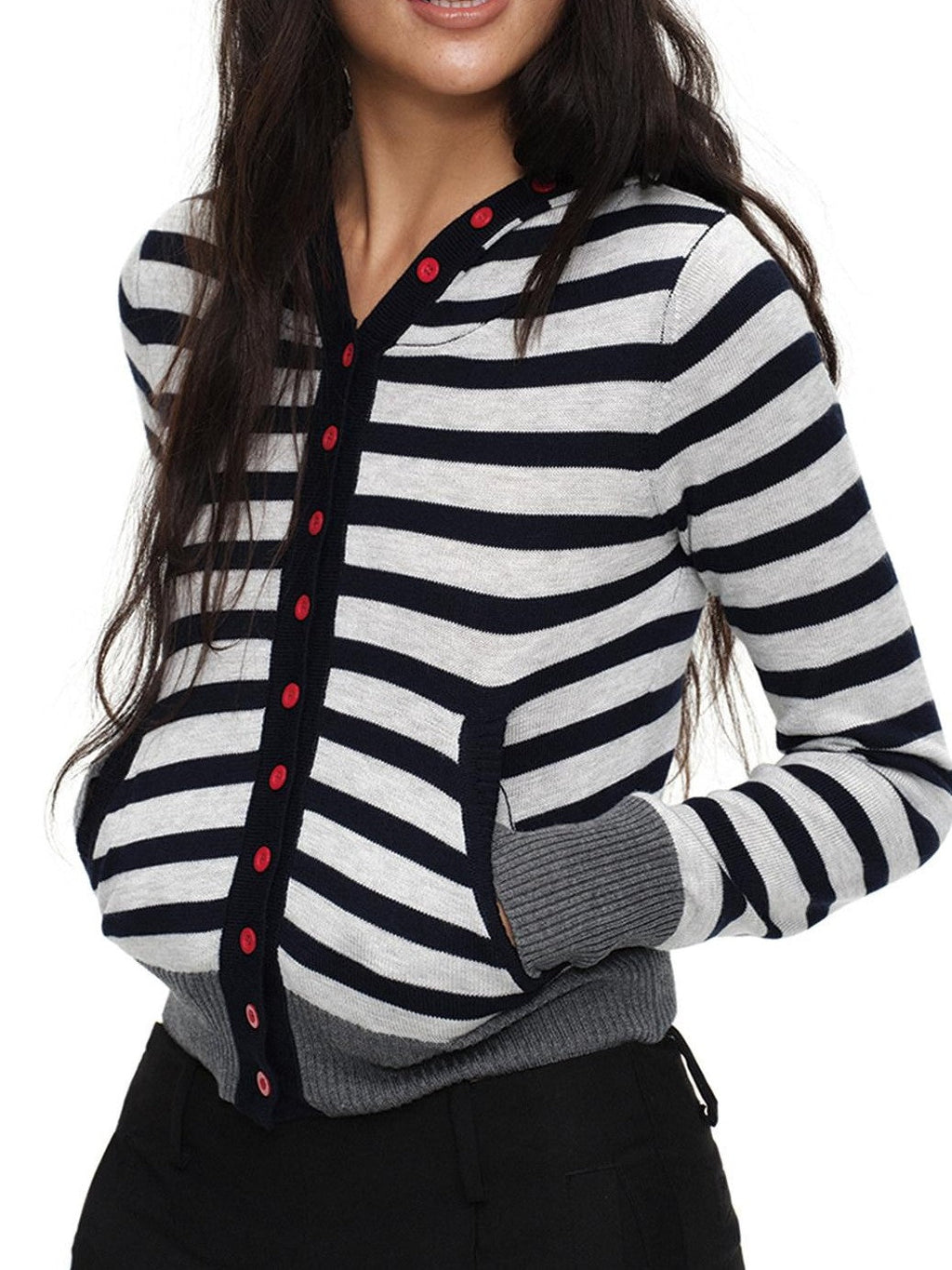 Navy Stripe Hooded Colorblock Retro Knit Women'S Cotton Button-Up Cardigans