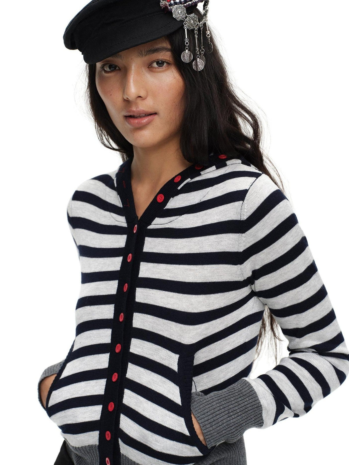 Navy Stripe Hooded Colorblock Retro Knit Women'S Cotton Button-Up Cardigans