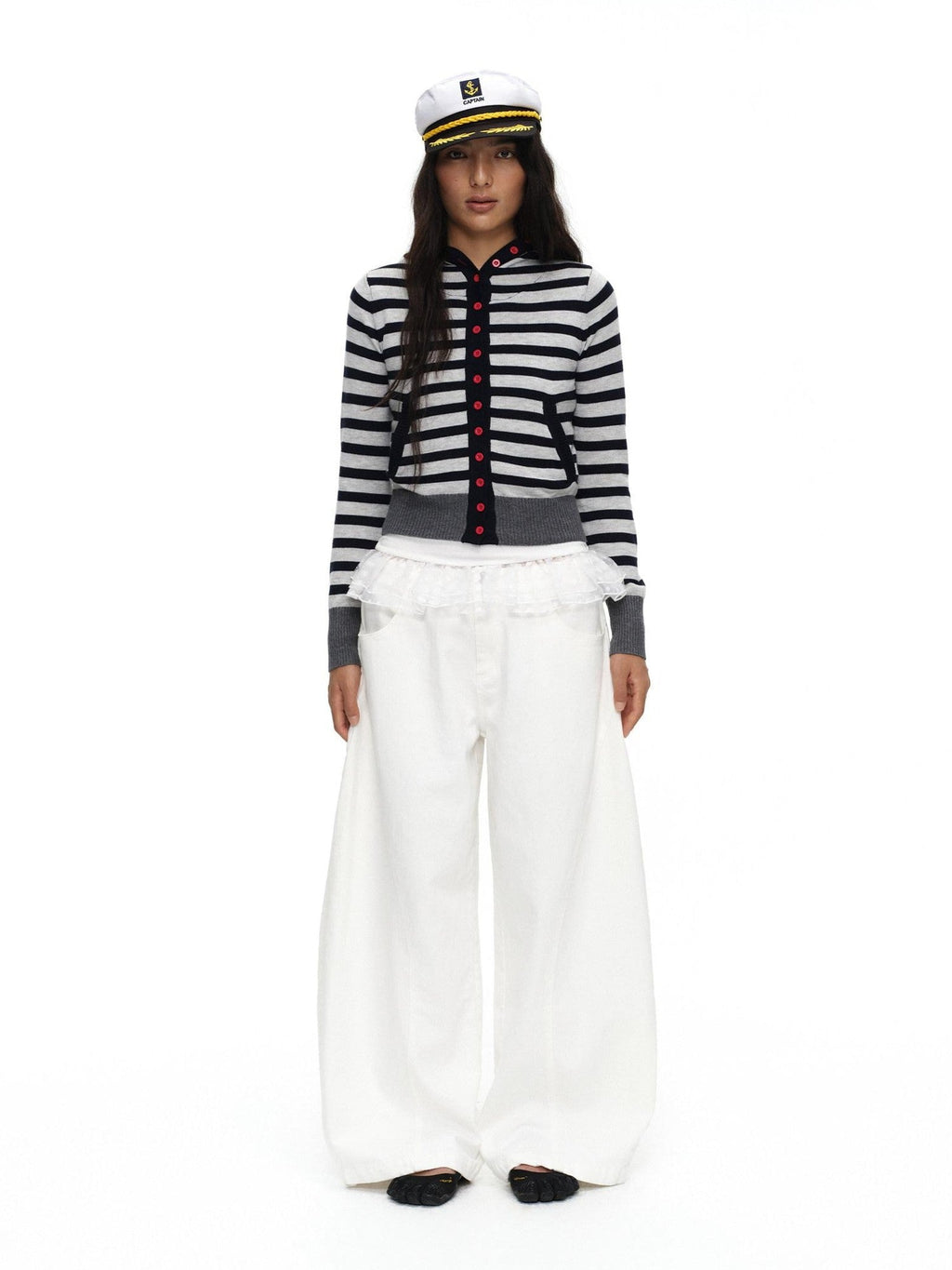 Navy Stripe Hooded Colorblock Retro Knit Women'S Cotton Button-Up Cardigans