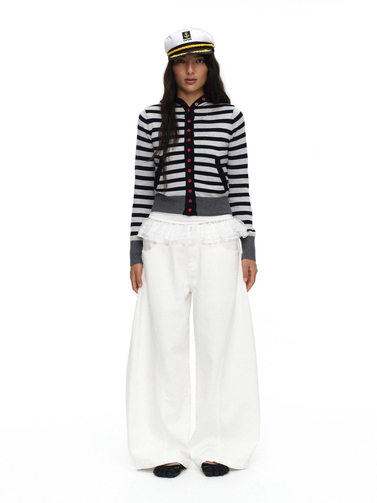 Navy Stripe Hooded Colorblock Retro Knit Women'S Cotton Button-Up Cardigans