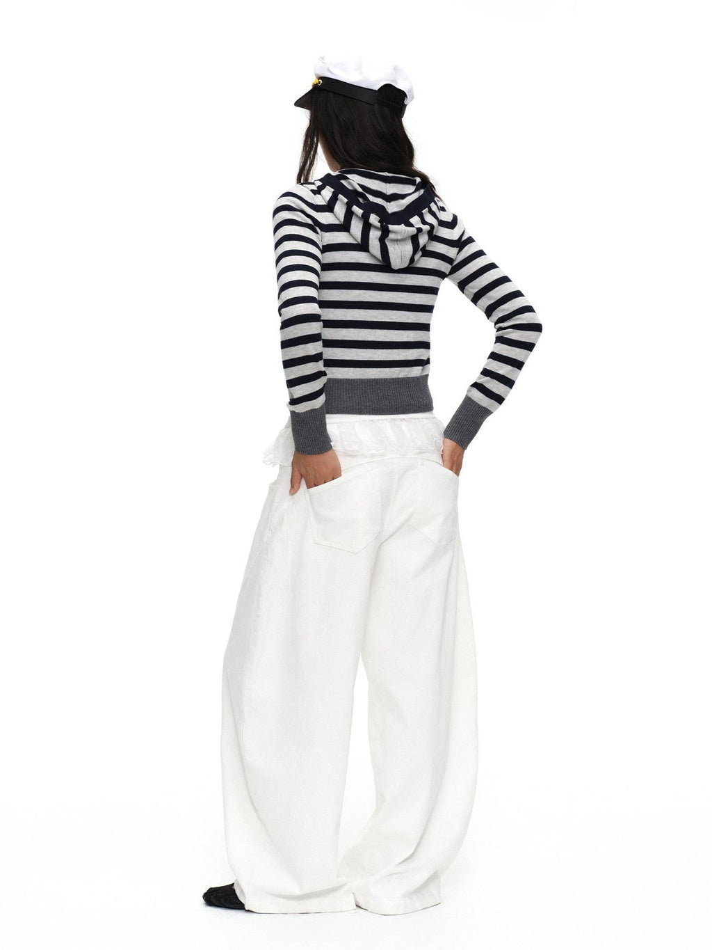 Navy Stripe Hooded Colorblock Retro Knit Women'S Cotton Button-Up Cardigans
