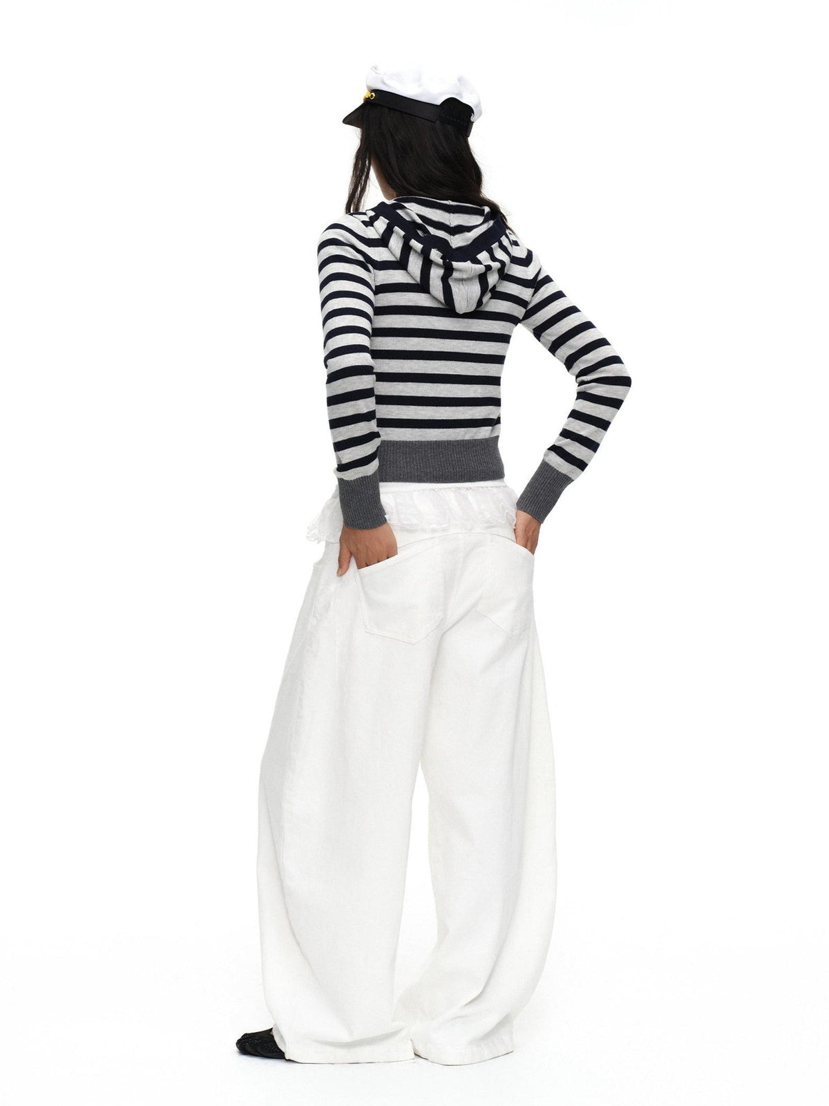 Navy Stripe Hooded Colorblock Retro Knit Women'S Cotton Button-Up Cardigans